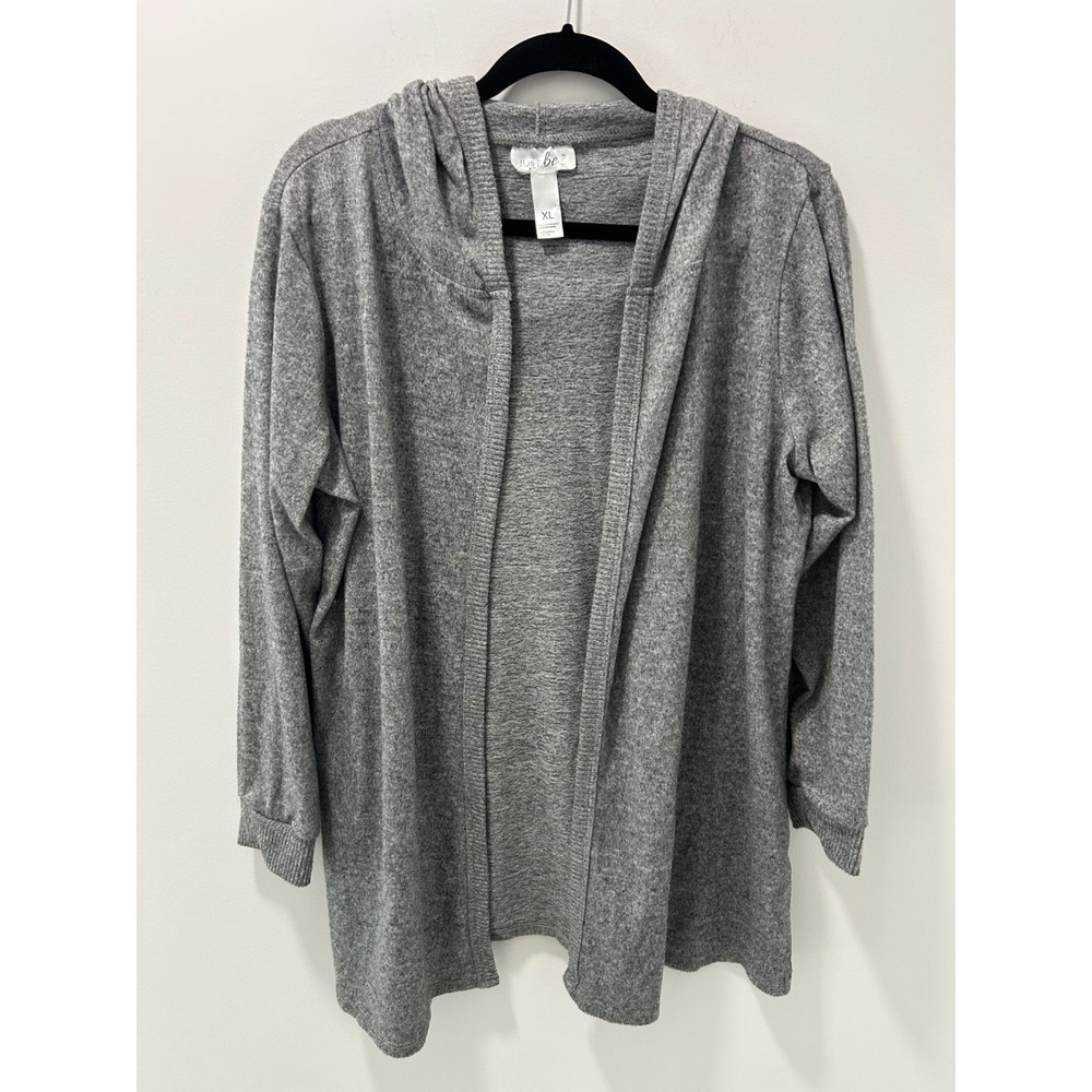 Just Be Womens XL Heather Gray Open Front Hooded Cardigan Soft Knit Lightweight